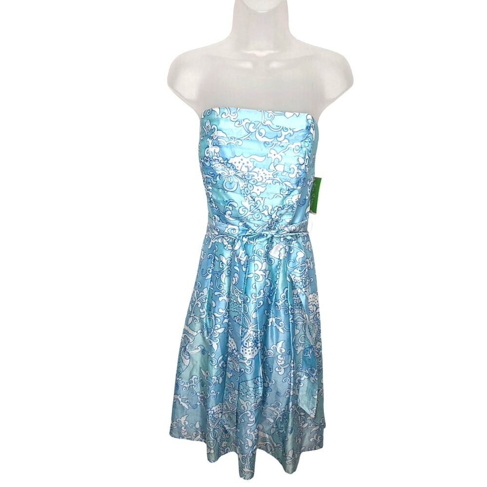 Lilly Pulitzer Angelette Dress 10 Blue & White Strapless Silk Blend Resort Wear